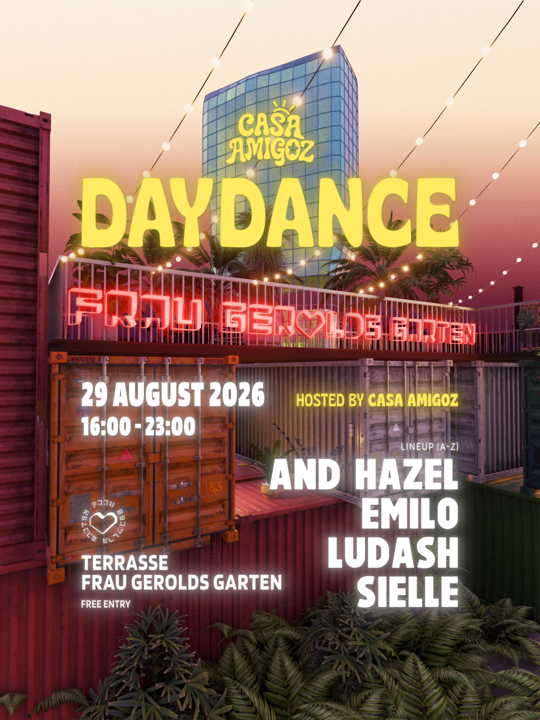 Daydance Rooftop Party flyer — CASA AMIGOZ at Frau Gerolds Garten, 29 August 2026